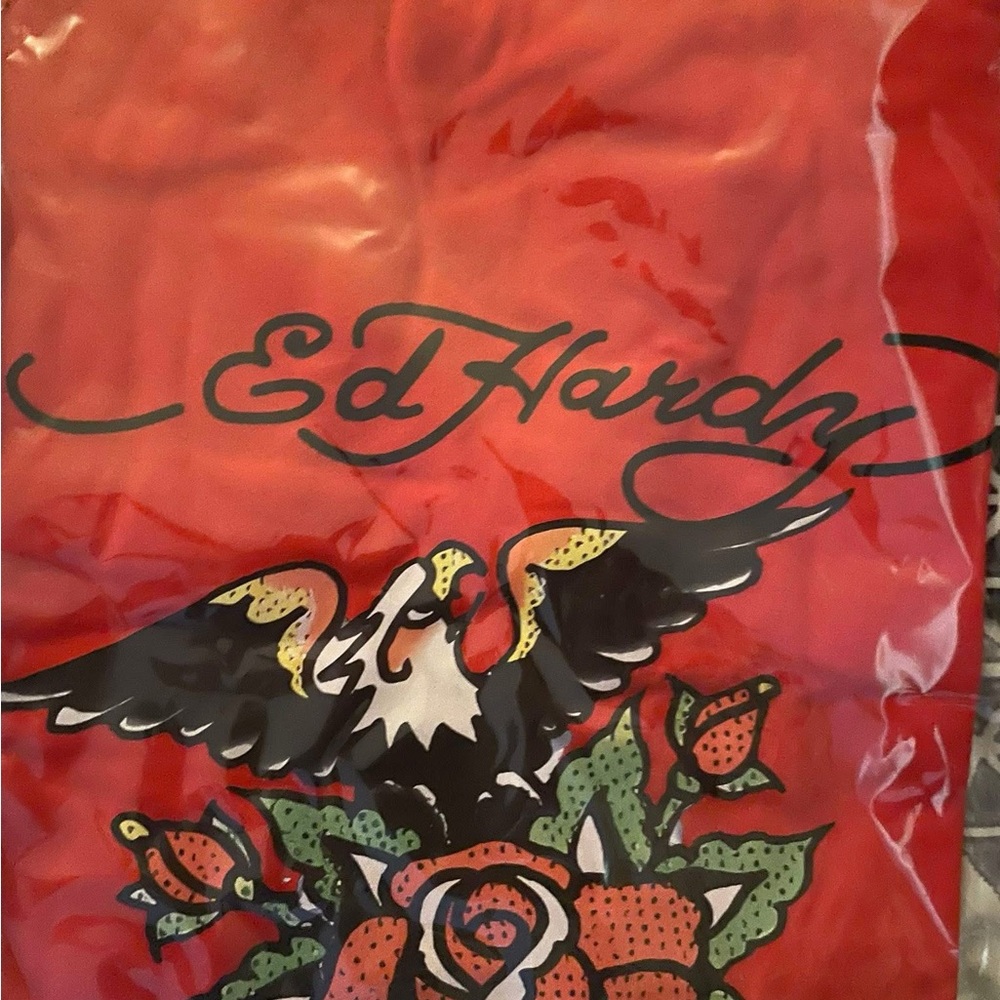 Ed Hardy Vibrant Red Tee with Eagle and Roses